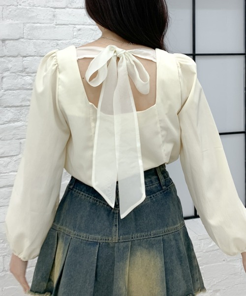 ブラウス シャツ バックシフォンリボン Vネックブラウス