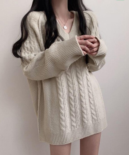 CERCA ワンピース Nia(ニア)/ケーブル編み Vネックミニニット