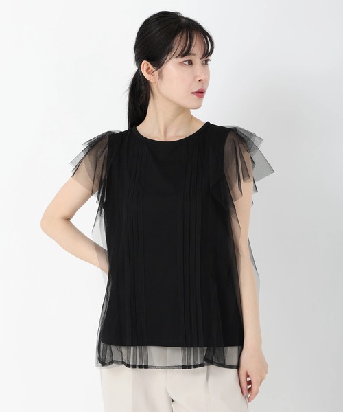 tシャツ ノースリーブチュールレイヤードトップス レディース