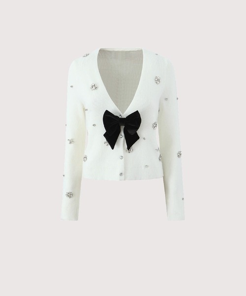 カーディガン Beading V-neck Ribbon Cardigan レディース