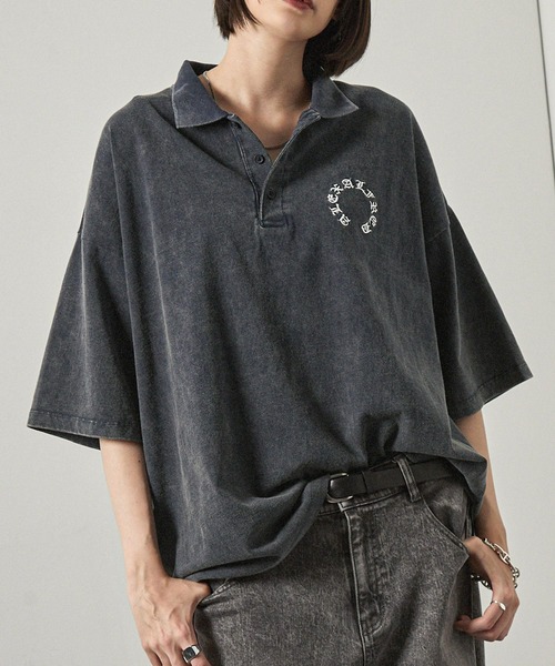 フォロー割☆フレッド アーガイル 半袖ポロシャツ 前開 L 刺繍ロゴ ブラック 美品 BLACK SIGN ブラックサイン 半袖ポロシャツ BSSN-17302B