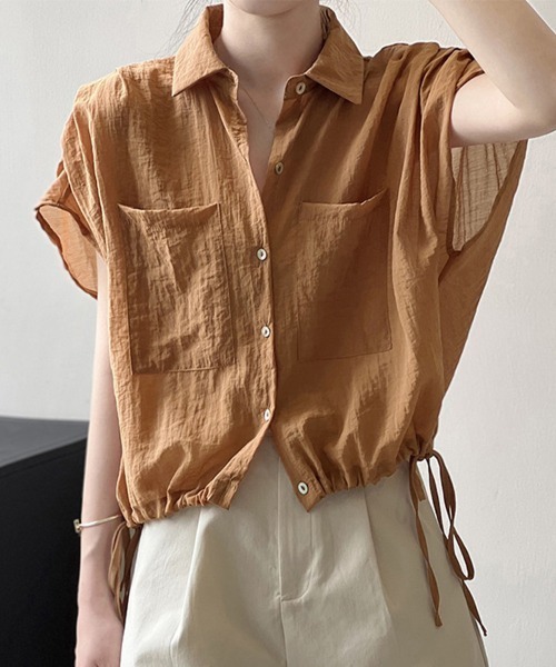 ブラウス シャツ 夏 半袖 ポケット付きシアーシャツ レディース