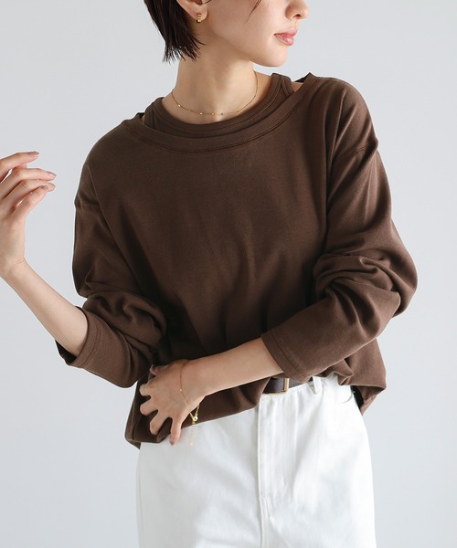 evernavy tシャツ テレコリブレイヤード長袖トップス レディース