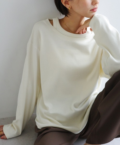 evernavy tシャツ テレコリブレイヤード長袖トップス レディース