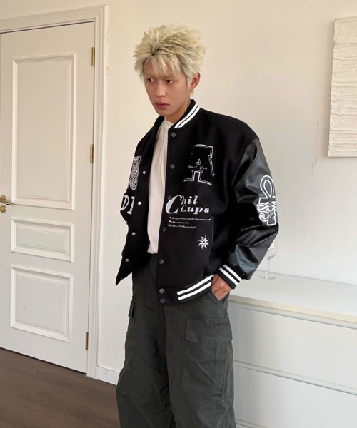 GoodHeller グッドヘラー スタジャン 袖レザー アウター 刺繍 レザー GoodHeller グッドヘラー スタジャン 袖レザー アウター 刺繍 レザー