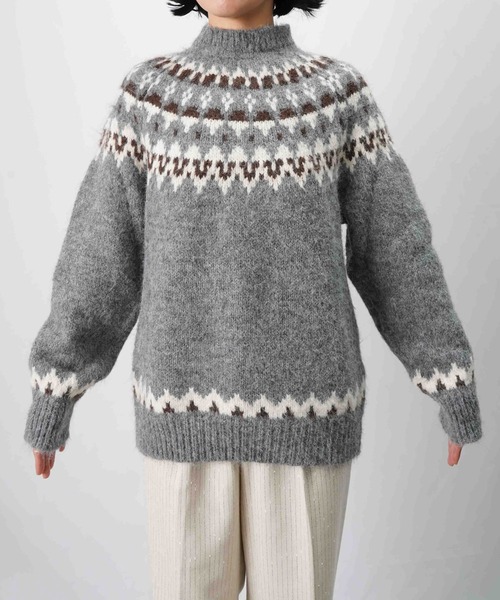45rpm ジャガードニット　チュニック　フェアアイル柄　アルパカ混　Vネック moment+ ニット セーター 5Gミックスアルパカライク求心ジャガード