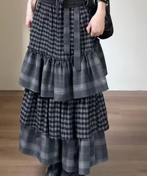 DIAVEL スカート 「秋冬新作」深灰ダブルチェック×ふんわり中綿の