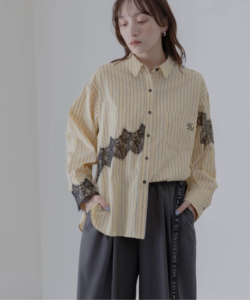 新品 エイミーロウ シャツ Eimee Law（エイミーロウ） ブラウス シャツ レースラインストライプ