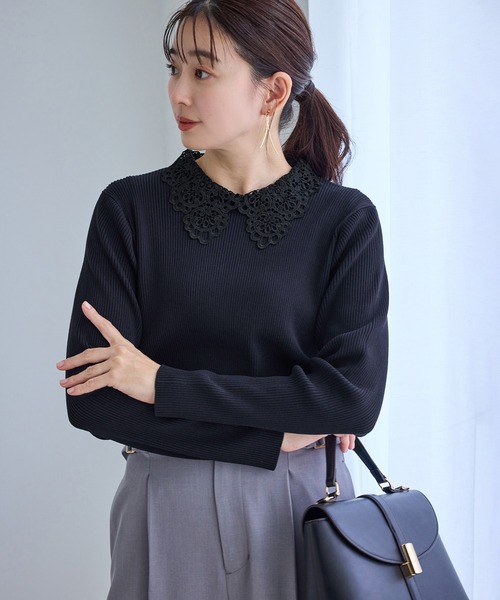 ROPE ロペ (M) コットン100% 総柄 リブ ニットシャツ レディース ROPÉ PICNIC(ロペピクニック) / レイヤード風リブポロニット (トップス