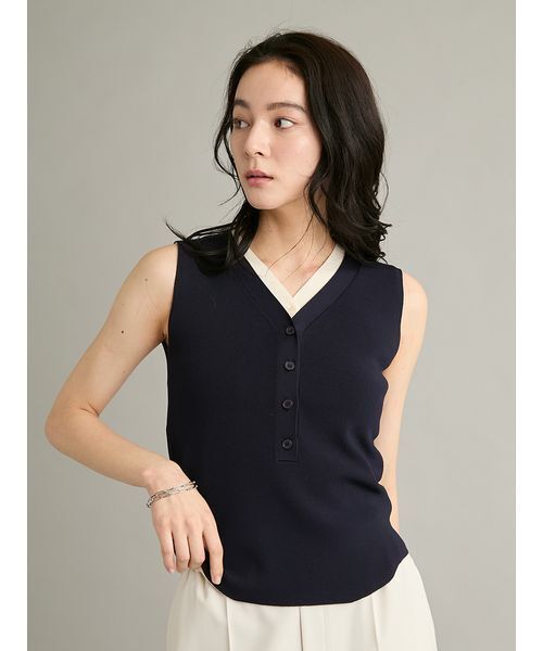 タンクトップ ノースリーブ レイヤードヘンリーネックニット レディースの画像