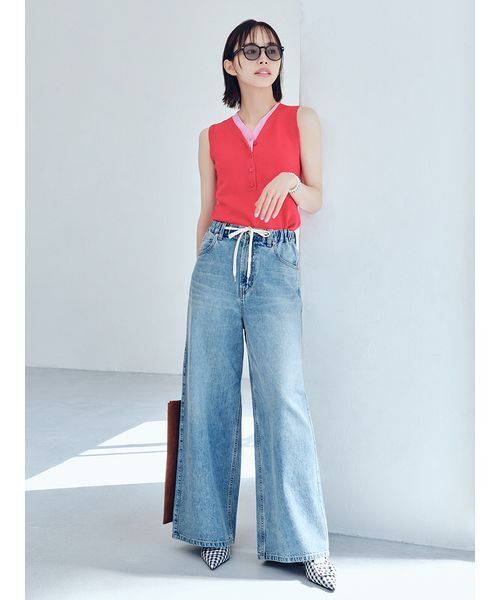 タンクトップ ノースリーブ レイヤードヘンリーネックニット レディースの画像
