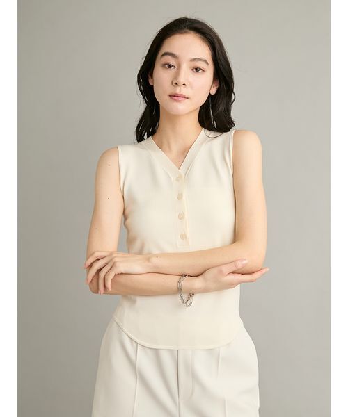 タンクトップ ノースリーブ レイヤードヘンリーネックニット レディースの画像