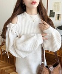 ワンピース 袖リボンショルダースリットニットワ...の詳細画像2