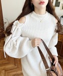 ワンピース 袖リボンショルダースリットニットワ...の詳細画像1