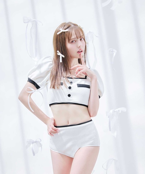 sugar nine 水着 韓国っぽパフスリパイピングビキニ 2点セット