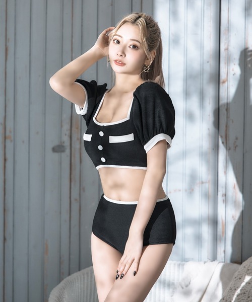 sugar nine ブラック セパレート水着 sugar nine 水着 韓国っぽパフスリパイピングビキニ 2点セット