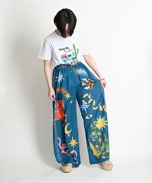 turquoise blue  S size   新品未使用品‼️ワイドパンツ marai パンツ 派手柄 ハイウエスト ウエストゴム ワイドパンツ