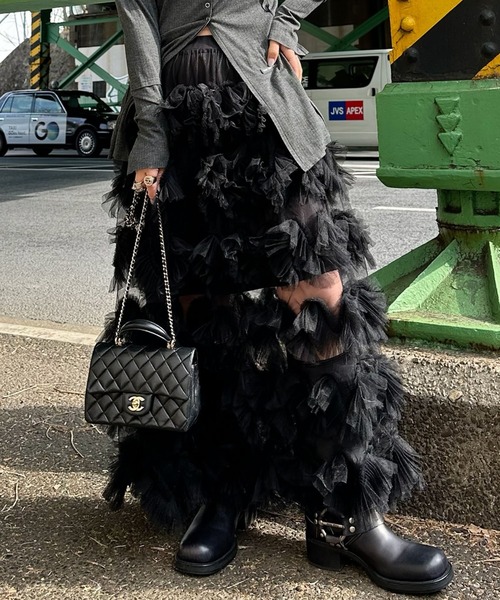 airi ＃　ブラック Alley Tokyo スカート ポンポンフリルシアースカート : ZOZOTOWN