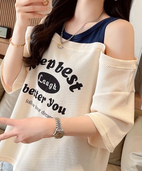可愛いオフショル✿春夏ゆったりトップスシンプルデザイン LADY LIKE tシャツ 「春夏新作」レイヤード風ロゴプリント