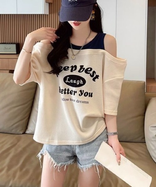 tシャツ オフショルロゴプリントトップス レディース SPIGA tシャツ オフショルロゴプリントトップス レディース