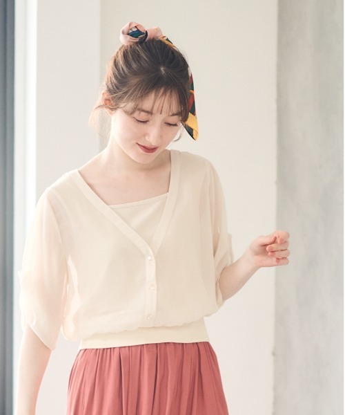 tシャツ シアーVネック袖タックインナー付プルオーバー レディース