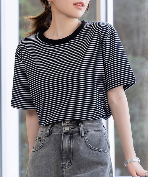 DAY CLOSET tシャツ レディース 半袖ボーダー柄クルーネックTシャツ