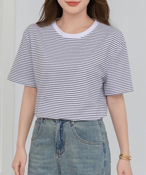DAY CLOSET tシャツ レディース 半袖ボーダー柄クルーネックTシャツ