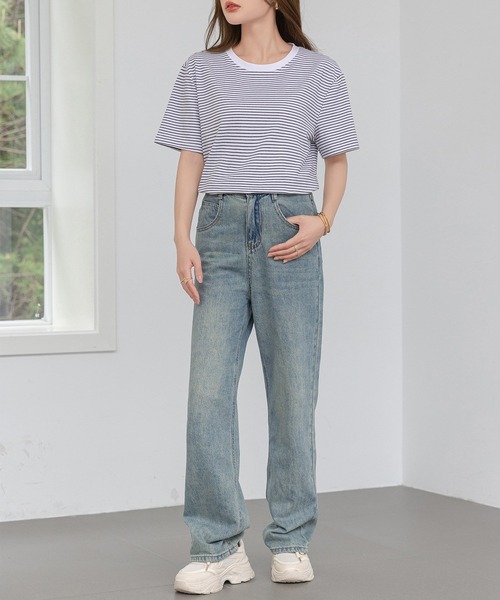 DAY CLOSET tシャツ 半袖 レディース 半袖ボーダー柄クルーネックT