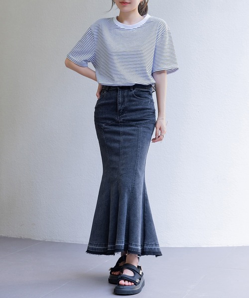 【素敵なデザイン❗️】45rpm ボーダー柄 ドッキング 半袖カットソー 大きめ DAY CLOSET tシャツ 半袖 レディース 半袖ボーダー柄クルーネックT