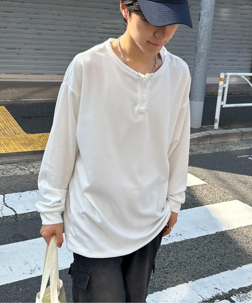 link lot ヘンリーネック tシャツ ビッグシルエットワッフル調無地