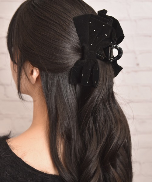 Mayree ヘアクリップ 「float」ベロア リボン ラインストーン バンス