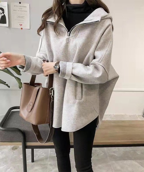 パーカー ハーフジップチュニックフードトップス レディース