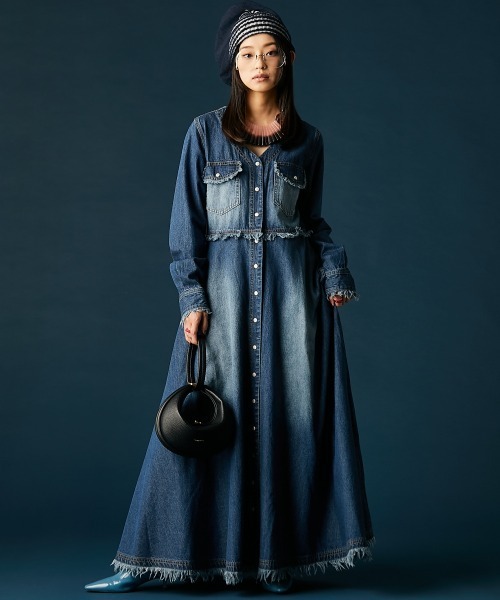 「GEVS.」 長袖ワンピース LL ブルー レディース_画像2