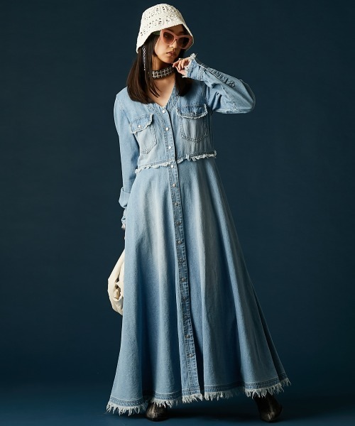 「GEVS.」 長袖ワンピース LL ブルー レディース_画像4