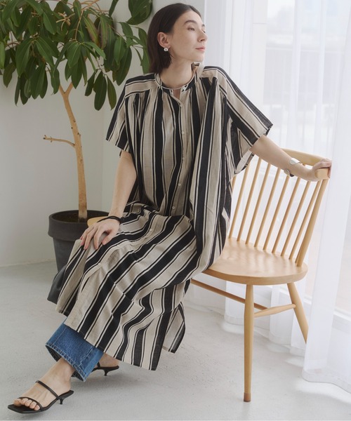 ANGIE ワンピース 夏 コットン スラブ マルチストライプ シャツ
