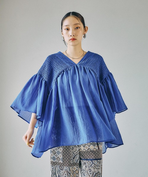 シャーリング五分袖ブラウス WEB限定セール ☆1490円→990円シャーリング5分袖ブラウス レディース