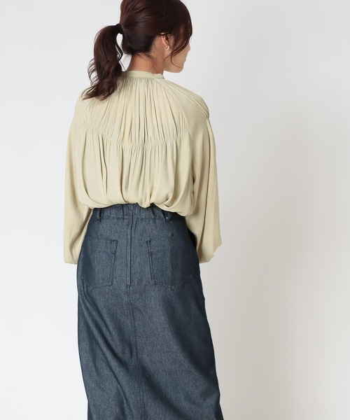 レキップ【40】ブラウス 五分袖 ウエストギャザー スリット入り 前後差 黒 Jines ブラウス シャツ 割繊ギャザーブラウス レディース