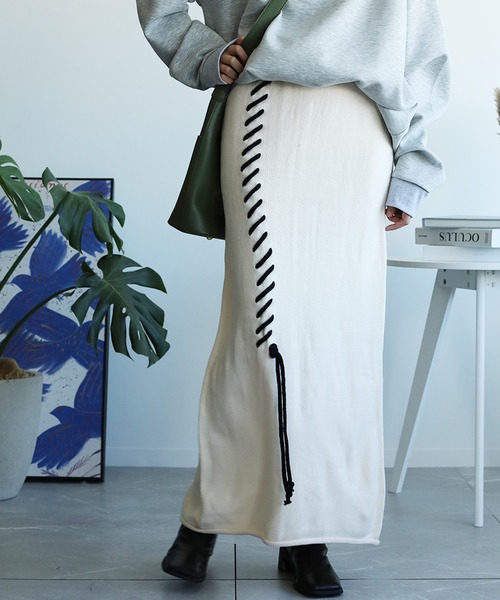 24AW✨定価約4万✨UN3D. ポイントステッチニットスカート アシンメトリー UN3D.（アンスリード）の「POINT STITCH KNIT SK / ポイントステッチ