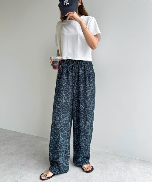 ANME パンツ フラワープリントイージーワイドパンツ レディース