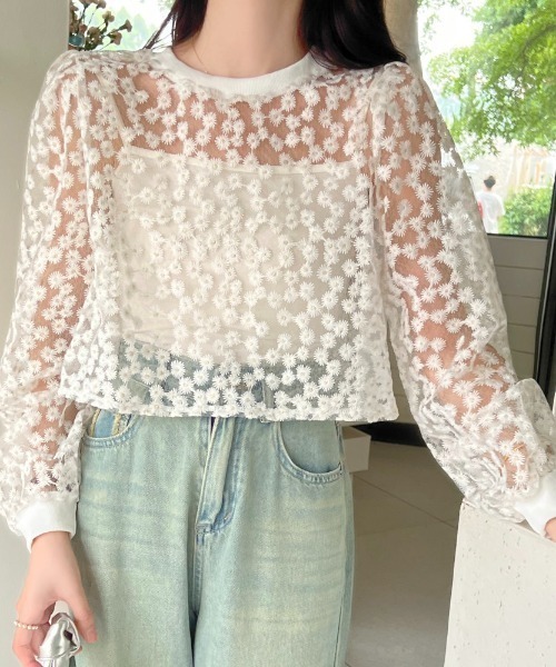 LADY LIKE ブラウス シャツ ミニフラワー柄ショートシアー