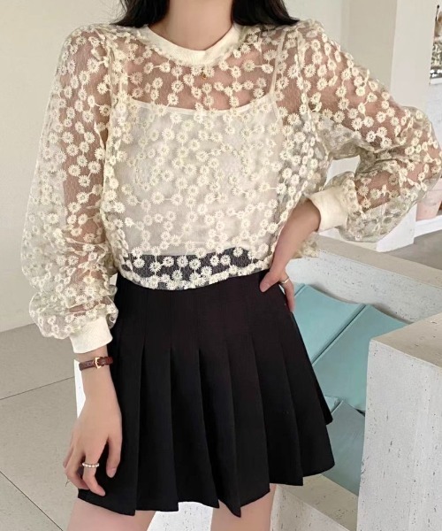 新品 シアーフラワー ショート シャツ ブラウス ブラック ピンク 花柄 LADY LIKE ブラウス シャツ ミニフラワー柄ショートシアー