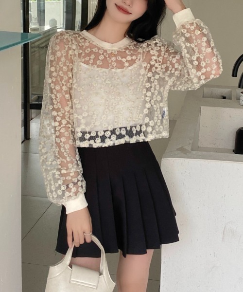LADY LIKE ブラウス シャツ ミニフラワー柄ショートシアー