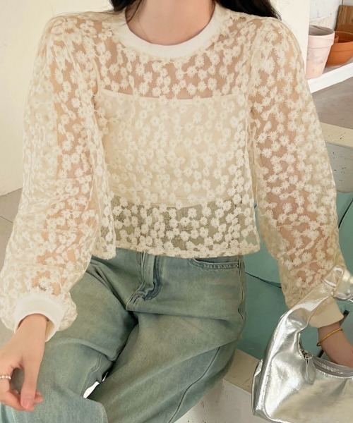 ブラウス シャツ バックハートジャガードトップス レディース LADY LIKE ブラウス シャツ ミニフラワー柄ショートシアー