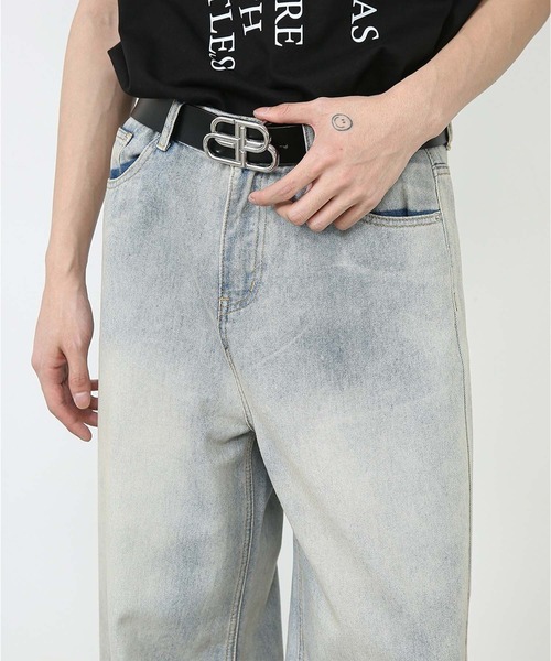 ビンテージ風 デニムパンツ 色落ち ジーンズ ゆったり ワイド 色落ち加工 ワイドデニムパンツ レディース 韓国 ファッション