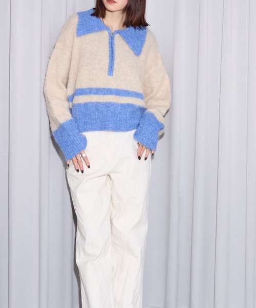 ニット セーター ポロ襟バイカラーハーフジップニット レディース ニット セーター ポロ襟バイカラーハーフジップニット