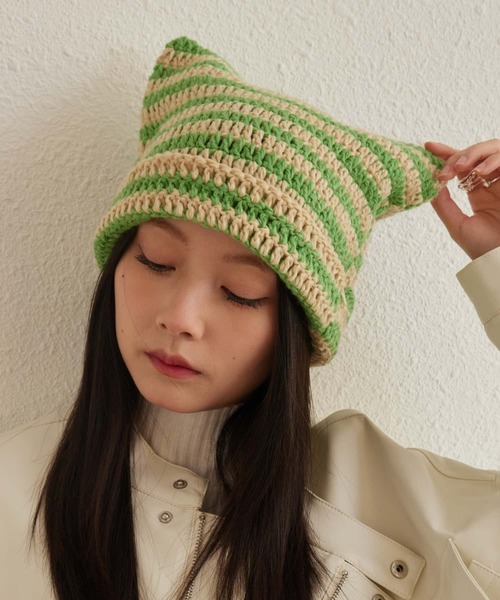 ユキエモン♡リボンボーダーキャップ MAISON DE THERESE ニット帽 ニットキャップ 猫耳 Y2K ボーダー
