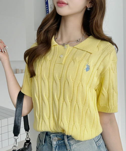 SANDRO 未使用品黄色ケーブル ニット ポロシャツ 半袖 U.S. POLO ASSN.（ユーエスポロアッスン） ポロシャツ ポロ Ada.別注