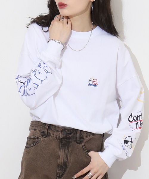 tシャツ 「洗える」長袖ロゴ Tシャツ レディース FUNALIVE tシャツ WS select お化け柄 ルーズサイズ長袖Tシャツ