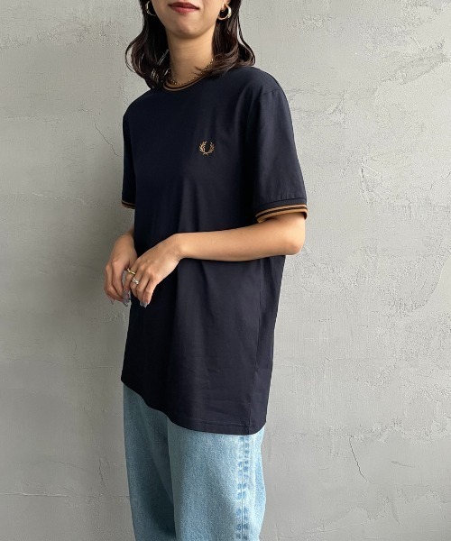 「FRED PERRY」 半袖Tシャツ S ネイビー レディース