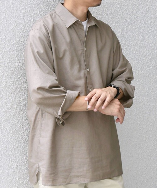 イチ コットンリネンシャツ スキッパー オーバーサイズ 春服 夏服  麻 綿 SHIPS any シャツ any: コットン/リネン 7分袖 スキッパー プル